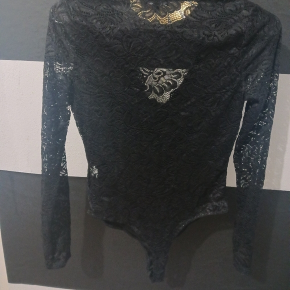 Iris women mesh lace v cross long sleeve black bodysuit - Picture 6 of 9